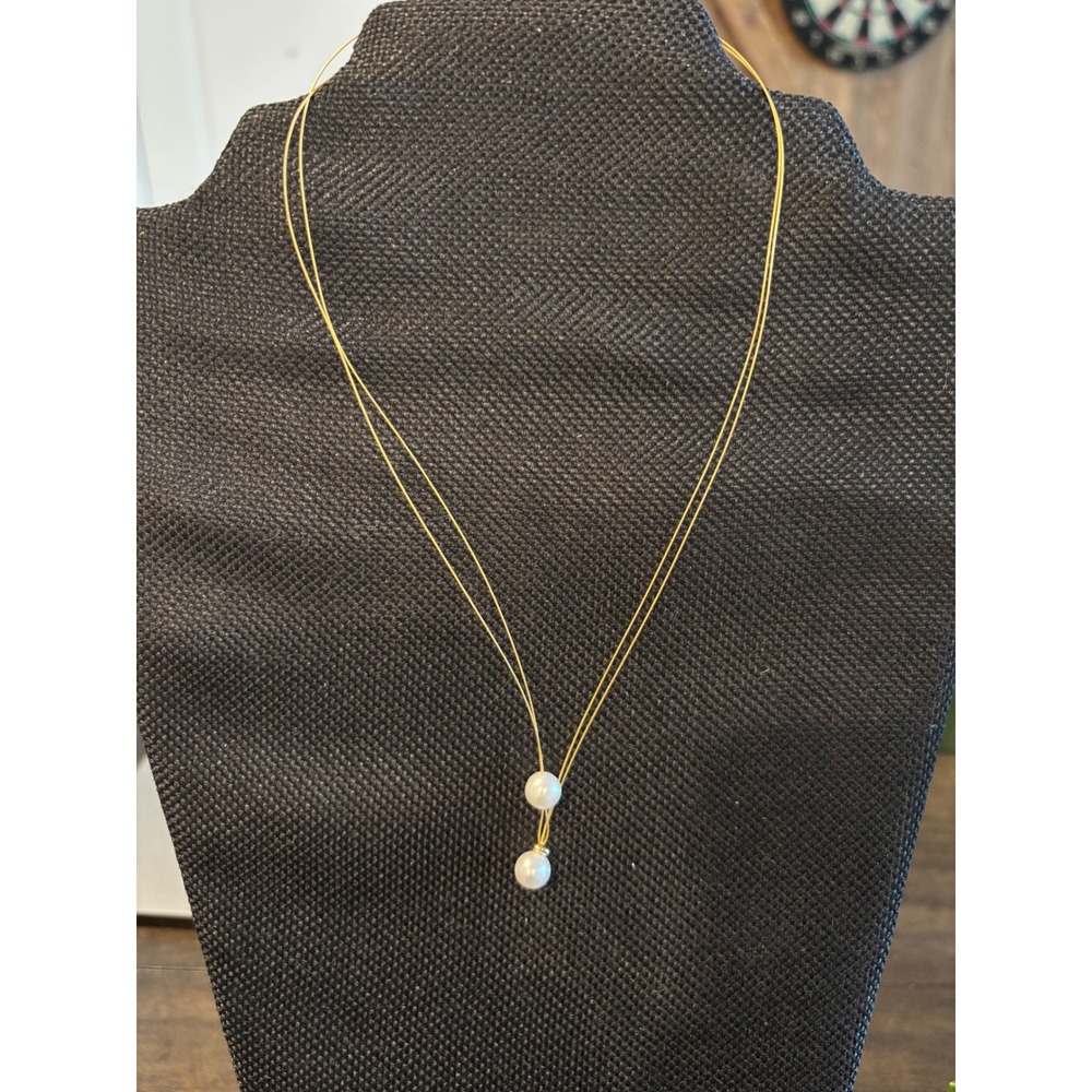 Gold Tone Double Strand Wire Necklace: Two White Fresh Water Pearls Minimalist